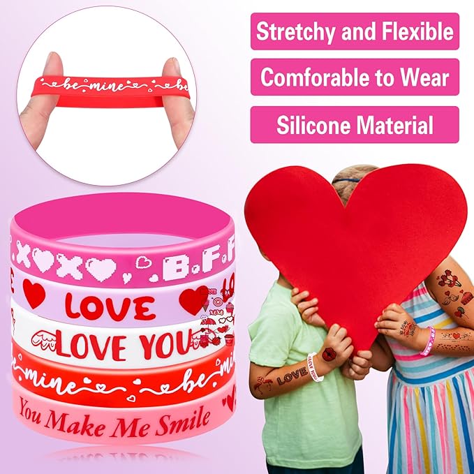 40Pcs Valentine's Day Bracelets with Temporary Tattoos Party Favors Kids for Women Men Girls Boys