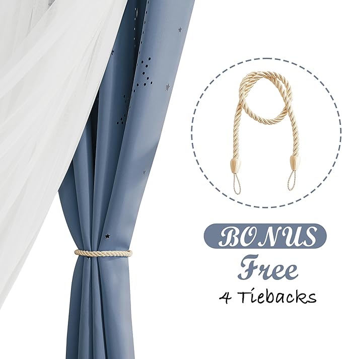 NICETOWN Nursery Curtains for Girls Bedroom Hollow-Out Star Window Curtain 84 inches Length Room Darkening Grommet 2 Layers for Nursery, (Stone Blue, W52 X L63, 2 Panels)