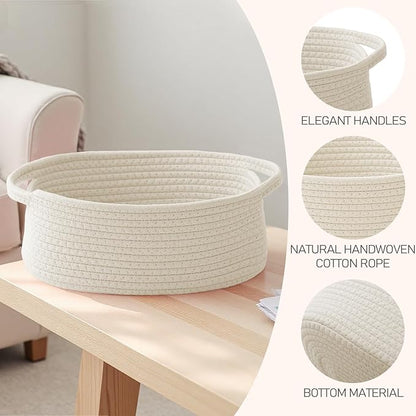JMvicyroam Woven Basket,Small Rope Storage Bin with Handles & Ribbon Bag, Organizer for Shelves Closets,Gift Basket Empty for Birthday,Books,Dog Toys,White