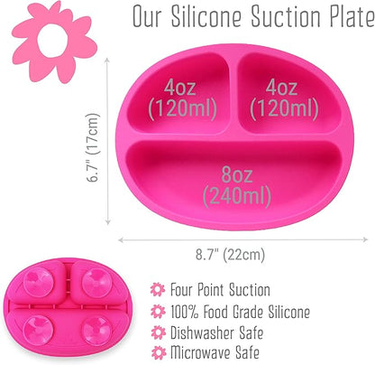 Elk and Friends Silicone Suction Plate for Babies/Toddlers + Stainless Steel Silverware Feeding Set | Divided Plate | Suction Design | Forks + Spoons Included | 3 Pack