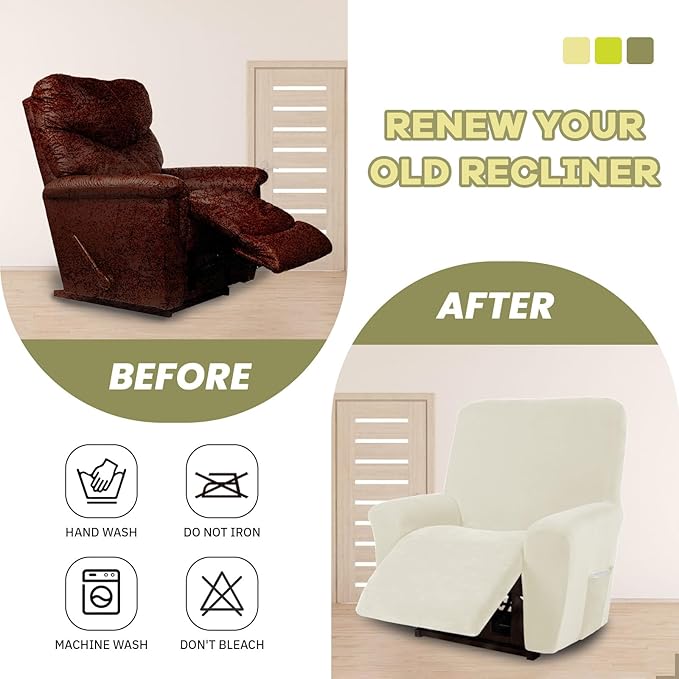 AZON Velvet Stretch Recliner Chair Cover,1-Piece Washable Recliner Couch Cover with Elastic Furniture Protector for Pets, Kids(Recliner, Ivory)