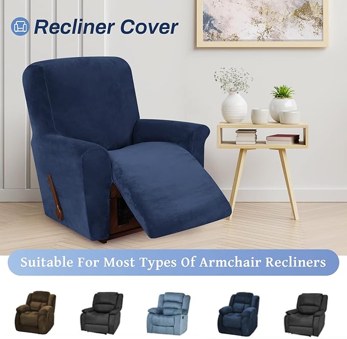 WEERRW Velvet High Stretch Recliner Chair Cover 1 Piece Recliner Couch Cover, Washable Furniture Protector with Non Slip Elastic Bottom for Kids and Pets, Navy Blue