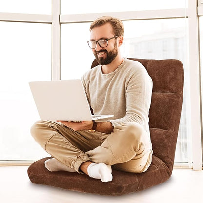 Folding Floor Chair 14-Position Cushioned Adjustable Floor Lazy Sofa Chair w/Breathable Cotton & Skin-Friendly Flannel for Adults & Kids Ideal for Reading Meditating, Brown