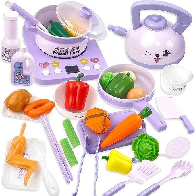 Kids Play Kitchen Accessories, Pretend Play Toys for Kitchen, Play Pots and Pans Sets for Kids Kitchen, Toddler Cooking Set for Boys and Grils Aged 3 4 5 6(Purple)