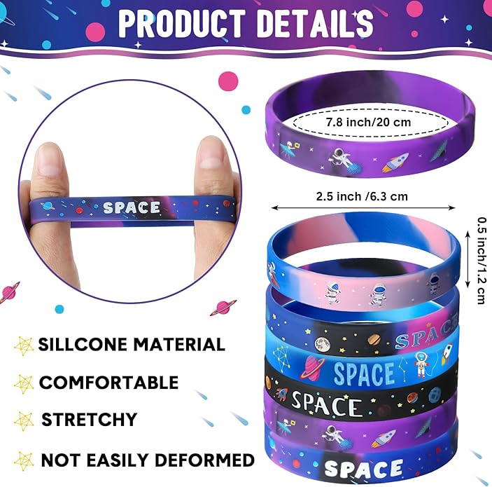 Aoriher Outer Space Party Favors Space Bracelets, Galaxy Star Astronaut Bracelets Rubber Silicone Wristbands, Alien Astronaut Toys Space Party Favors for Kids Space Birthday Themed Party