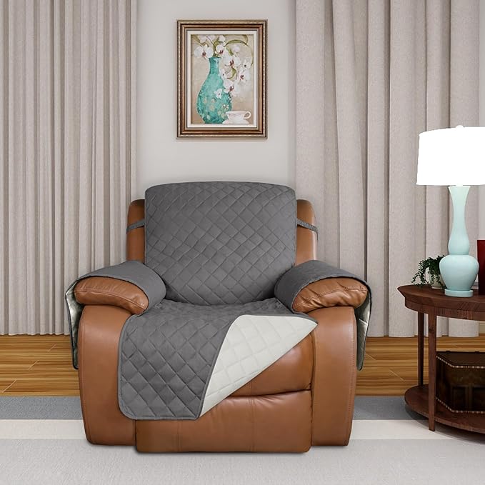 PureFit Reversible Quilted Sofa Cover, Water Resistant Slipcover Furniture Protector, Washable Couch Cover with Non Slip and Elastic Straps for Kids, Dogs, Pets (Oversized Recliner, Gray/Ivory)