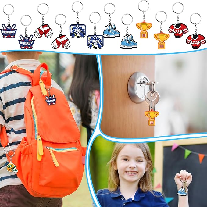 36 PCS Hockey Party Favors Set Include 12 Hockey Drawstring Bag, 12 Hockey Silicone Bracelet, 12 Hockey Motivational Keychain for Ice Hockey Sports Party Birthday Gift Supplies