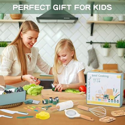 18 PCS Kids Cooking Sets Real, Montessori Kitchen Tools for Toddlers, Cooking & Baking Set for Kids Little Chefs, Toddler Knife Set, Crinkle Cutter, Cutting Board