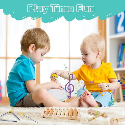 Baby Musical Instruments Montessori Wooden Music Toys Set 1-3 Gifts Kids Toddler Percussion Drum Modern Boho Xylophone with Storage Bag Boys Girls Birthday Christmas Preschool Learning Gifts