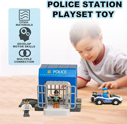 Police Station Playset Toy for Wooden Train Track,Creative City Police Scenes Pretend Play Toy Vehicles Train Accessory Preschool Learning Educational Toys for Toddlers Kids
