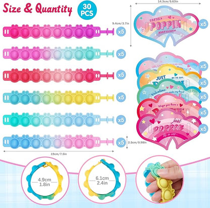 Valentines Day Gifts for Kids 30 Pack Pop Bracelets Fidget Toys Valentines Day Cards for Kids School Classroom Party Favors Valentines Exchange Gifts for Toddlers Girls Boys Class Prizes