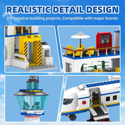 886 Pcs City Airport Passenger Terminal Building Set, 6 IN 1 Airplane Building Blocks Toy, STEM Aircraft Bricks with Shuttle Bus,Luggage Cart,Planes Model Toys Gifts for Adults Boys Ages 6-12+