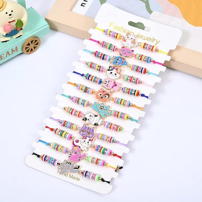 Lorfancy 12 Pcs Bracelets for Girls Kids Toddler Play Jewelry Cute Animal Cat Charm Bracelet Friendship Braided Woven Bracelets Adjustable Little Girls Dress Up Jewelry Gift