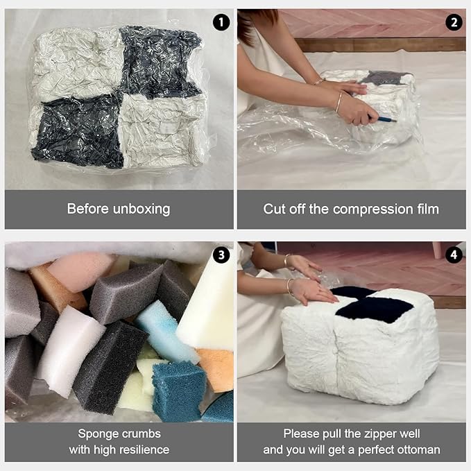 Louis Donné Ottoman Pouf White and Black Contrast Tidy Fabric Floor Chair - 17.7 * 17.7 * 15.7 Inch Squares, Soft Compressed Form Inside for Children and Ladies