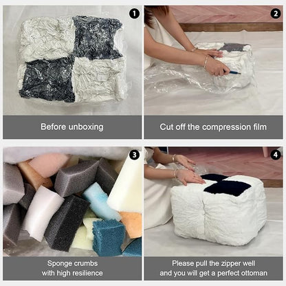 Louis Donné Ottoman Pouf White and Black Contrast Tidy Fabric Floor Chair - 17.7 * 17.7 * 15.7 Inch Squares, Soft Compressed Form Inside for Children and Ladies