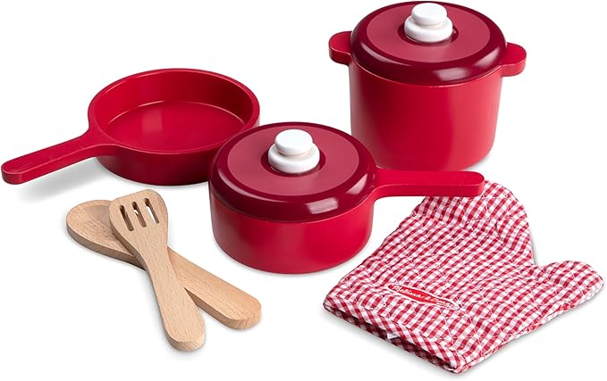 Melissa & Doug Deluxe Wooden Kitchen Accessory Set - Pots & Pans (8 pcs) , Green , H: 12 x W: 12 x D: 5