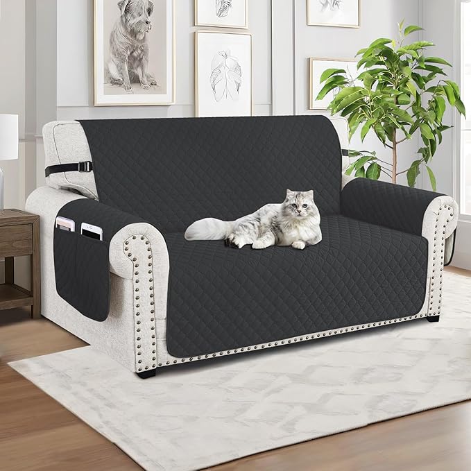 XINEAGE Loveseat Sofa Cover Waterproof Couch Covers for 2 Cushion Couch, Soft Washable Slipcover with Pockets & Non-Slip Elastic Straps, Thick Furniture Protector (Loveseat, Black)