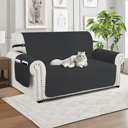 XINEAGE Loveseat Sofa Cover Waterproof Couch Covers for 2 Cushion Couch, Soft Washable Slipcover with Pockets & Non-Slip Elastic Straps, Thick Furniture Protector (Loveseat, Black)