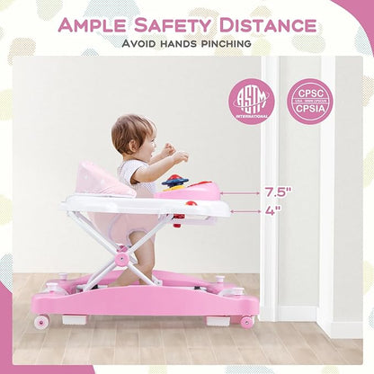 BABY JOY 6-in-1 Baby Walker, Foldable Baby Walker with Wheels, Adjustable Height, Music, Lights, Bouncer & Rocker Mode, Baby Walkers for Boys Girls 6-14 Months (Pink)
