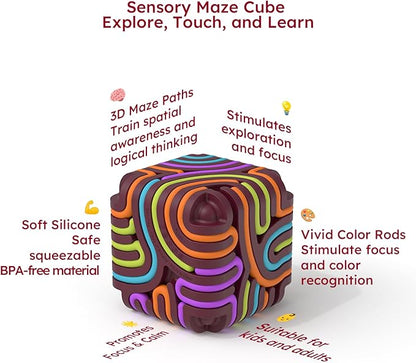 Accevo Sensory Fidget Toys for Kids Adults, Sensory Activity Board with 15 Strings, Silicone Cube Toys for Autism ADHD Anxiety Stress Relief, Stocking Stuffers for Women Men Teen Gifts