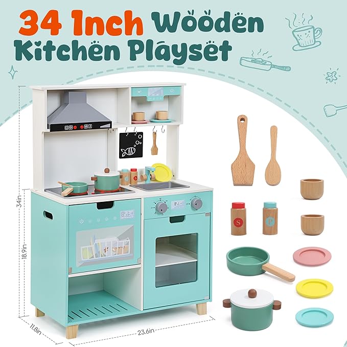 CUTE STONE Play Kitchen for Kids, Wooden Kitchen Playset with Real Lights & Sounds, Toy Kitchen Set with Cookware Accessories, Chef Pretend Play Kitchen Set for Toddlers Girls Boys