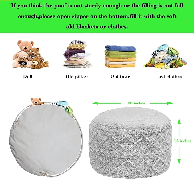 Pouf Ottoman Stuffed 20x20x12 Inches Floor Pouf Plush Fiber Ottoman Foot Rest Under Desk Foot Stool for Living Room Bedroom (Light Gray Pouf with Filler)