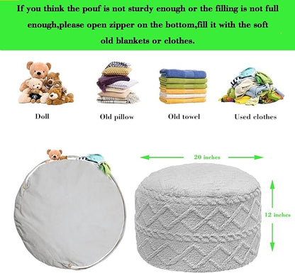 Pouf Ottoman Stuffed 20x20x12 Inches Floor Pouf Plush Fiber Ottoman Foot Rest Under Desk Foot Stool for Living Room Bedroom (Light Gray Pouf with Filler)