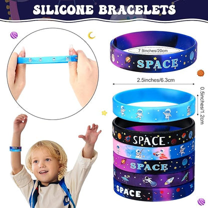 Faccito 84 Pcs Space Party Favors Bouncy Balls Silicone Bracelets Rocket Light Key Chain Stamps Space Party Supplies Galaxy Theme Bag Fillers for Solar System Planet Theme Birthday Classroom Rewards
