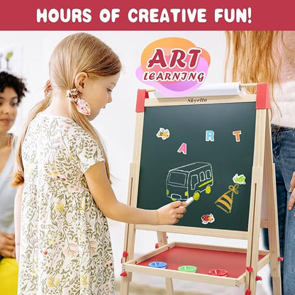Art Easel for Kids Ages 4-8 9-12,Double Sided Wooden Kids Easel Drawing Board with Magnetic Chalkboard,3-Level Height Adjustable,100+ Accessories,Gift & Art Supplies for Kids