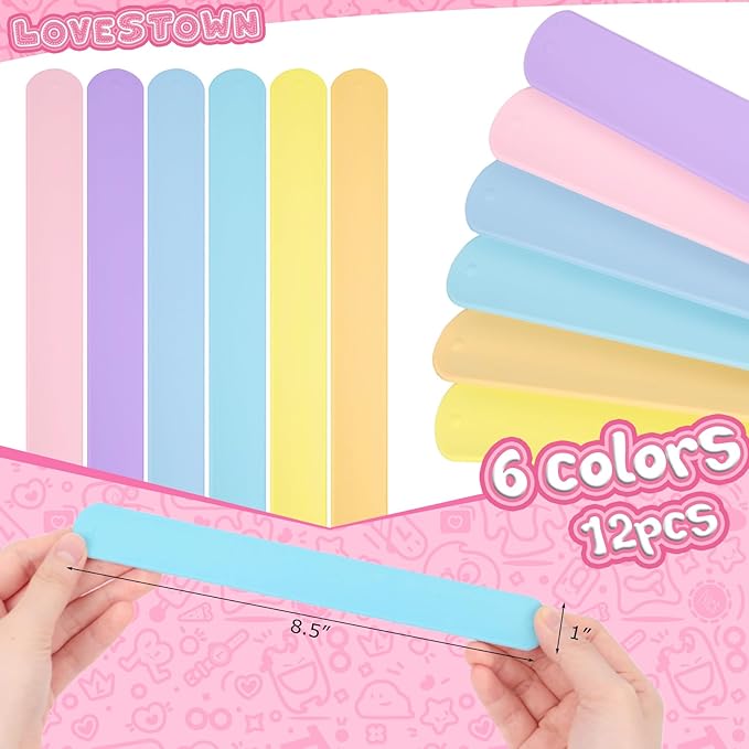 LovesTown 12PCS Silicone Slap Bracelets, Colorful Snap Bracelets Slap Bracelets Bulk for DIY Kids Gifts Classroom Prizes Party Favors