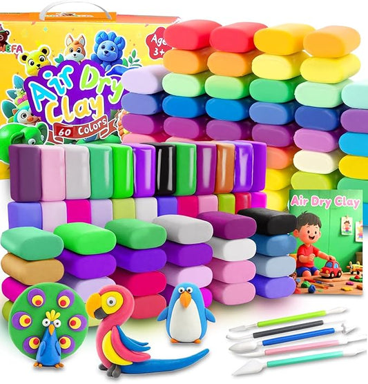 Air Dry Clay for Kids, 60 Colors Air Dry Modeling Clay, Molding Clay for Sculpting,Non-Sticky Soft, Sculpting Tools Guide, Arts Crafts for Kids Ages 8-12
