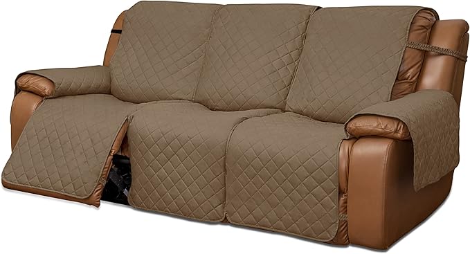 Easy-Going Oversized Recliner Sofa Cover, Reversible Couch Cover for 3 Seat Recliner, Split Sofa Cover for Each Seat with Elastic Straps for Kids, Dogs, Pets (3 Seater, Camel/Camel)