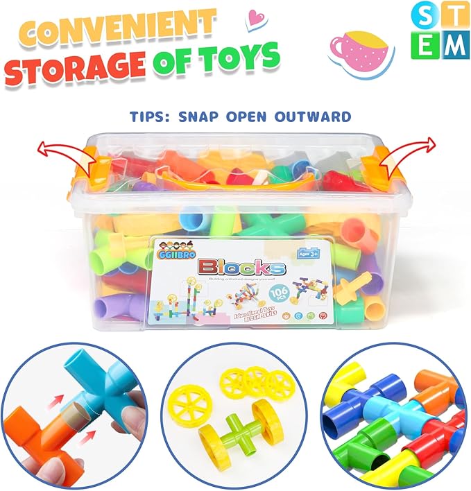 STEM Building Toy for Toddlers 106Pieces Tube Pipe Toy,Educational Preschool Game for 3+ Years,Learning Building Blocks Play with Storage Box Gift Kit,Montessori Toys for Boys & Girls