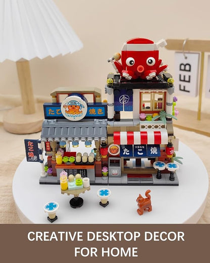 Japanese City Street View Takoyaki Shop, MOC Creative Building Blocks House Set, Simulation Architecture Construction Toy, Gifts Idea for Kids Adults (Mini Blocks 722 pcs)