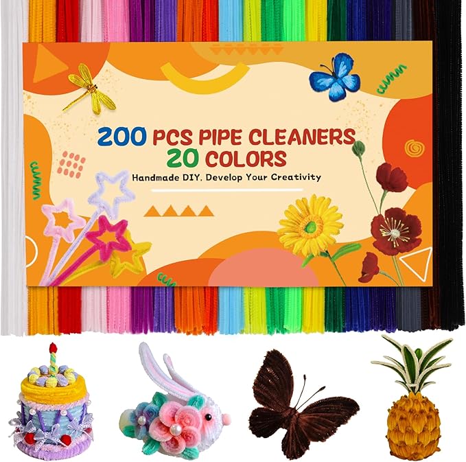 200 Pcs Pipe Cleaners, 20 Colors Pipe Cleaner Craft, Black Pipe Cleaners Bulk Chenille Stems Craft Supplies for DIY Cleaning Home Decorations