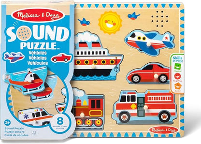 Melissa & Doug Vehicles Sound Puzzle - Wooden Peg Puzzle With Light-Activated Sound Effects (8 pcs) Puzzles for Toddlers, Wooden Puzzles For Kids Ages 2+