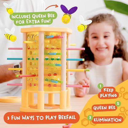 Nene Toys BeeFall, 4-in-1 Wooden Honey Bee Toy for Kids Ages 3-9 - Educational Game with Wooden Honeybee Hive, 12 Bees, Colorful Sticks, Dice & Cards - Fun Family Game for Cognitive Development