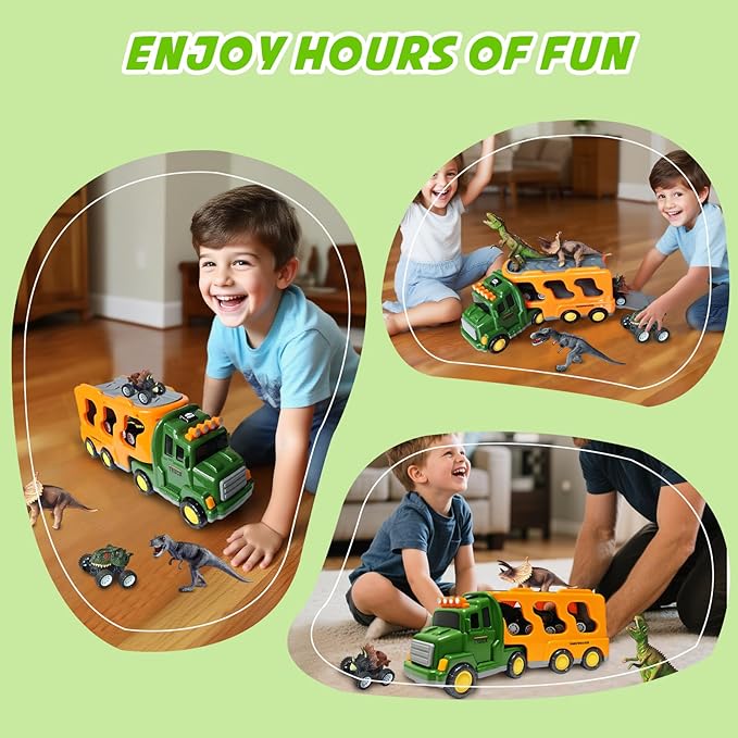 Dinosaur Toy Trucks with 3 Dino Cars & 3 Dino Figures, Sound Light Transport Carrier Truck Dinosaur Toys for Kids 3-5-7, Toddler Boy Toy for 3 4 5 6 7+ Year Old Boy Birthday Gifts Christmas