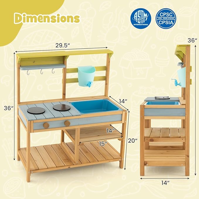 HONEY JOY Mud Kitchen, Fir Wood Outdoor Play Kitchen for Toddlers, Removable Sink, Real Water Tank with Faucet, Utensils, Pretend Play Mud Kitchen for Kids Outdoor, Gift for Boys Girls, Natural