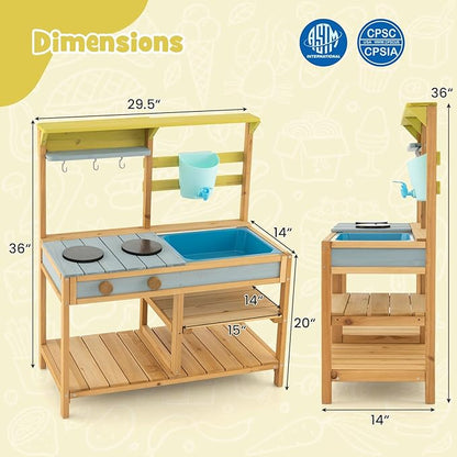 HONEY JOY Mud Kitchen, Fir Wood Outdoor Play Kitchen for Toddlers, Removable Sink, Real Water Tank with Faucet, Utensils, Pretend Play Mud Kitchen for Kids Outdoor, Gift for Boys Girls, Natural