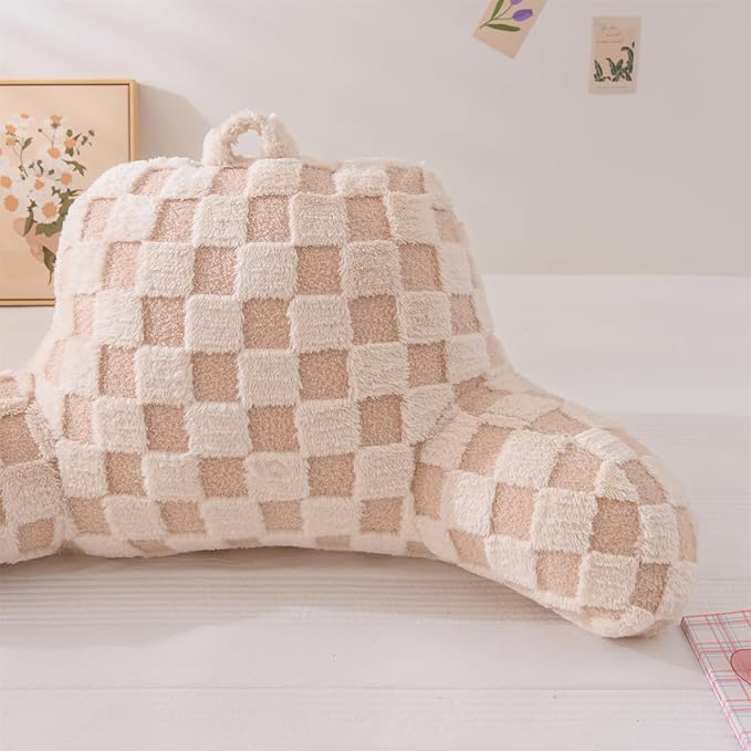 Aimuan Reading Pillow Checkered Bed Rest Wedge Backrest Checkerboard Pillow with Arms Back Support for Sitting Up in Bed Cushion Incline Rest Sleeping Snoring Pillow (Beige,Standard)
