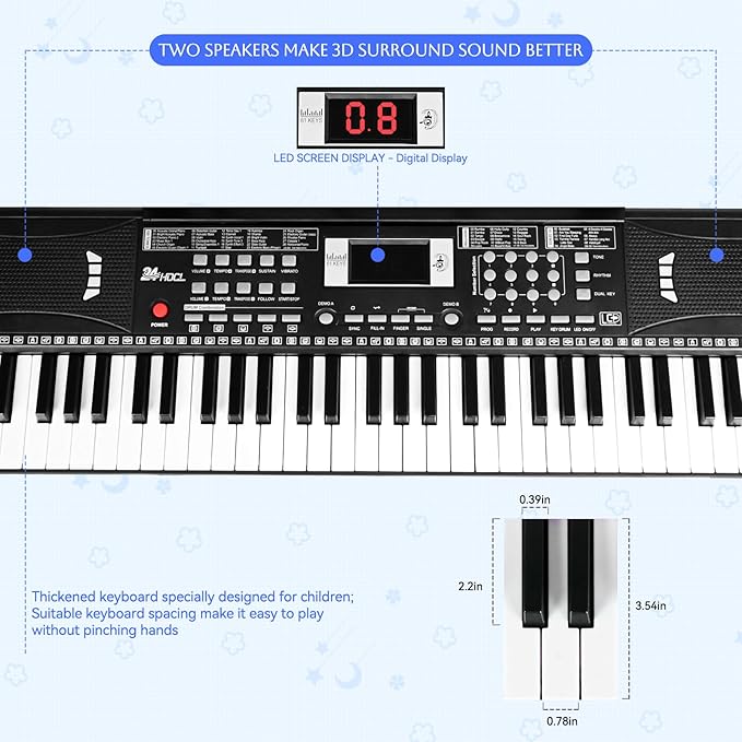 Electric Piano Keyboard, Digital 61 Key Piano Keyboard Kids with Speaker Microphone & Music Sheet Stand, Gift for Children Early Education Beginners, Black
