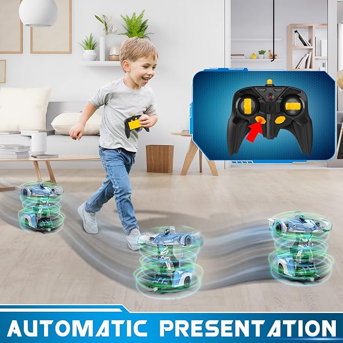 FDJ RC Cars - Transform Remote Control Car, 2.4Ghz 1:18 Scale Transforming Police Car Toy with Flashing Light, One Button Deformation 360 Degree Rotating Drifting Kids Toys Car for Boys Girls