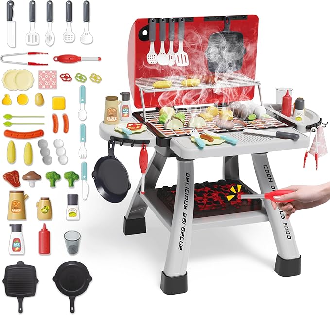 deAO Kids BBQ Grill Playset,23.6" Heigh Kitchen Toy with Realistic Smoke,Light with Toy Grill Toy,41PCS Kitchen Accessories Play Food Toy for Pretend Play Cooking for Kids