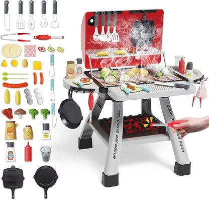 deAO Kids BBQ Grill Playset,23.6" Heigh Kitchen Toy with Realistic Smoke,Light with Toy Grill Toy,41PCS Kitchen Accessories Play Food Toy for Pretend Play Cooking for Kids
