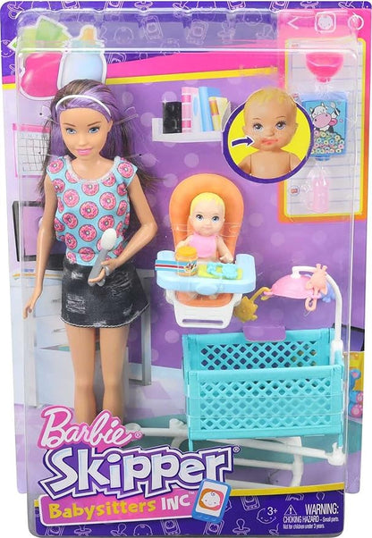 Barbie Skipper Babysitters Inc Dolls & Accessories, Set with Skipper Doll, Color-Change Baby Doll, High Chair & Crib Furniture