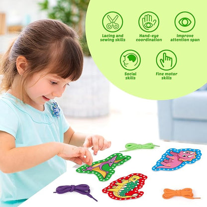 Aizweb Dinosaur Lacing Cards,Sewing Kit for Toddlers, Fine Motor Skill Toys,Threading Toys for Preschoolers,Shoe Tying Practice Art and Craft for Kids Educational Kindergarten Learning Activities