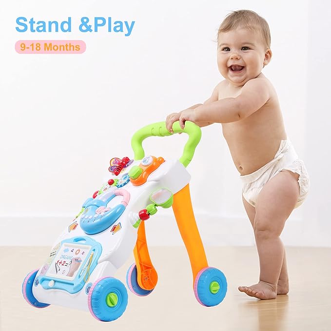 Cuterabit 2 in 1 Sit to Stand Baby Walker with Music and Light, 12PCS Baby Rattles Toys Set with Storage Case, Teething Toys for Newborns