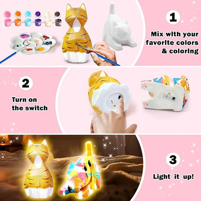 FUNZBO 2Pcs Paint Your Own Cat Lamp Kit - Arts and Crafts for Kids Teens Adults, Art Supplies Painting Kits for Kids, Toys Girls Boy Birthday Gift Ages 3 4 5 6 7 8 9 10 11 12 13+
