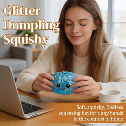 Glitter Dumpling,Colorful Dumpling Squishes Stress Balls with Steamer,Glitter Dumplings Squishies Box,Soft Squeeze Decompression Dough for Anxiety Relief Easter Basket Stuffers (Light Pink)